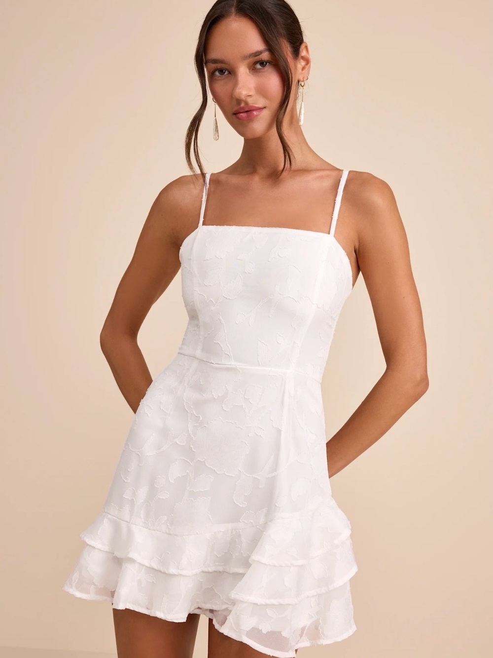 Lulu's White Floral Jacquard Spaghetti Strap Mini Dress